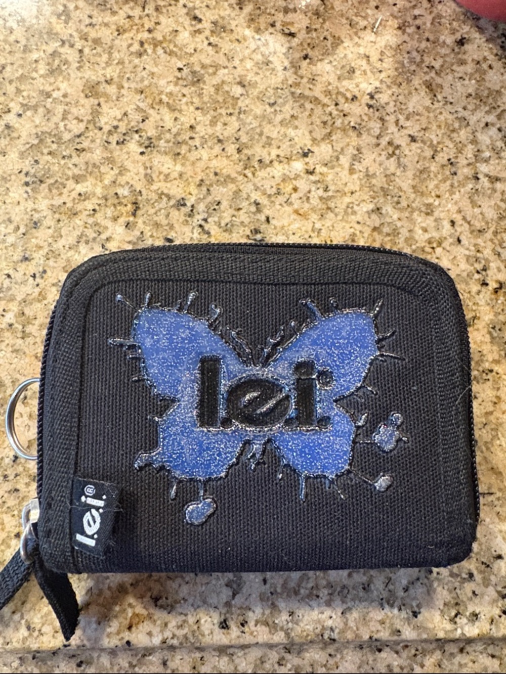 L.E.I Black Wallet with Blue Glitter Butterfly Accent